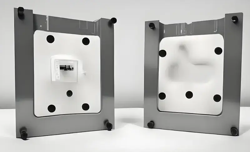 Two parts of an injection mold shown
