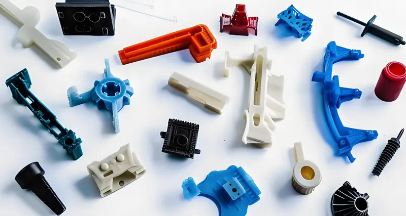 Vari pezzi in plastica medicale colorati stampati a iniezione su una superficie bianca
