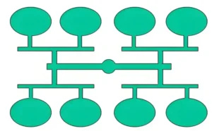An abstract diagram of interconnected pipes with eight circular endpoints.