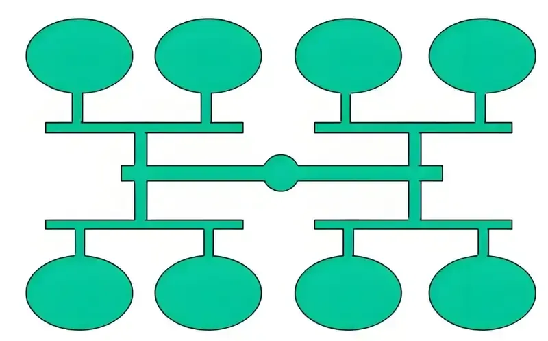 An abstract diagram of interconnected pipes with eight circular endpoints.