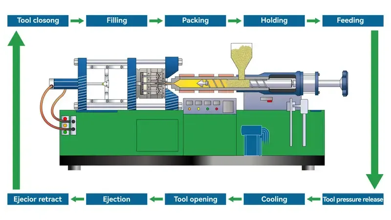 Diagram of the injection molding process showing stages like filling, packing, and cooling.
