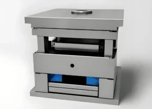A silver metal mould frame with a square design and multiple layers, used in casting.