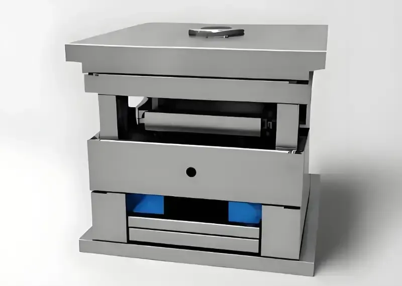 A silver metal mould frame with a square design and multiple layers, used in casting.