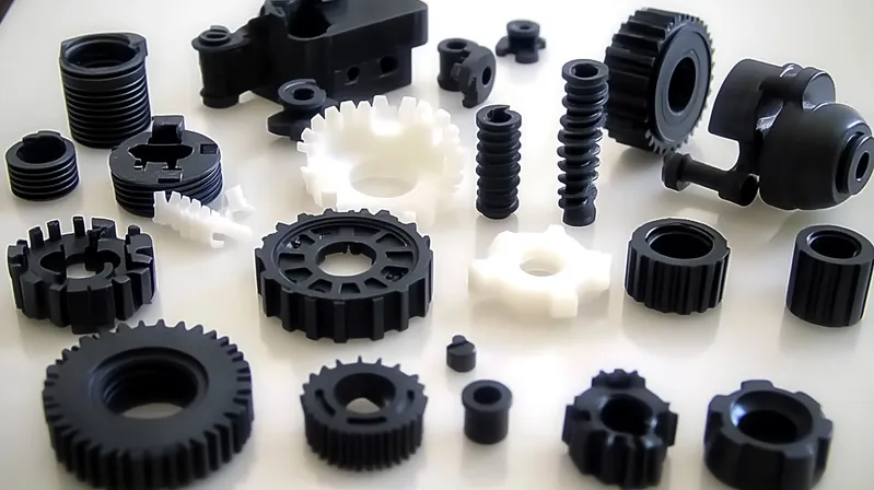Kolekcja czarno-białych plastikowych kół zębatych i części mechanicznych wyświetlanych na powierzchni