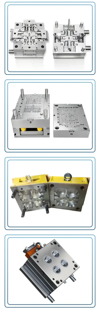 Uma coleção de vários moldes de injeção de metal, apresentando diferentes configurações e designs.