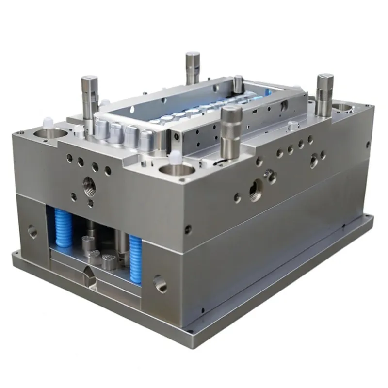 Base d'un moule d'injection métallique utilisé dans la fabrication, comportant plusieurs composants et trous sur une surface plane.