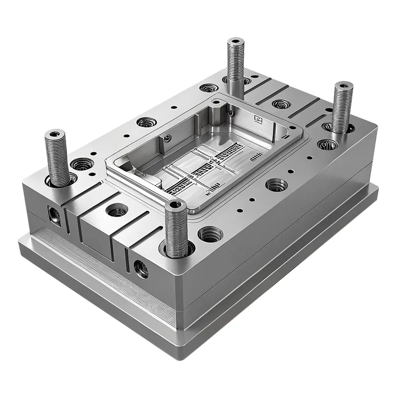 Metalowy element formy wtryskowej z wieloma śrubami i szczegółowymi rowkami, przeznaczony do produkcji precyzyjnych części.