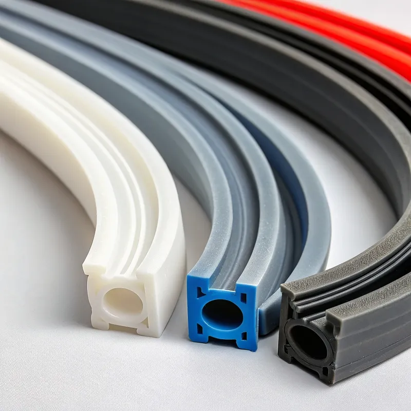 Perfis curvos de borracha em várias cores, incluindo branco, azul, cinzento e preto.