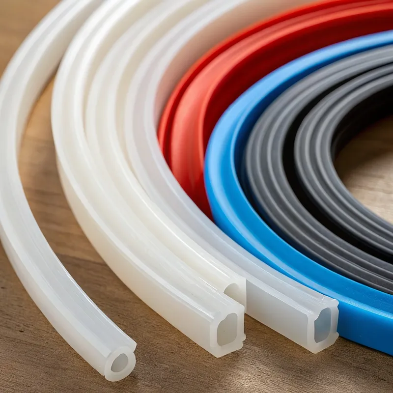 Vários tubos de plástico coloridos, incluindo branco, vermelho, azul e preto, assentes numa superfície de madeira.