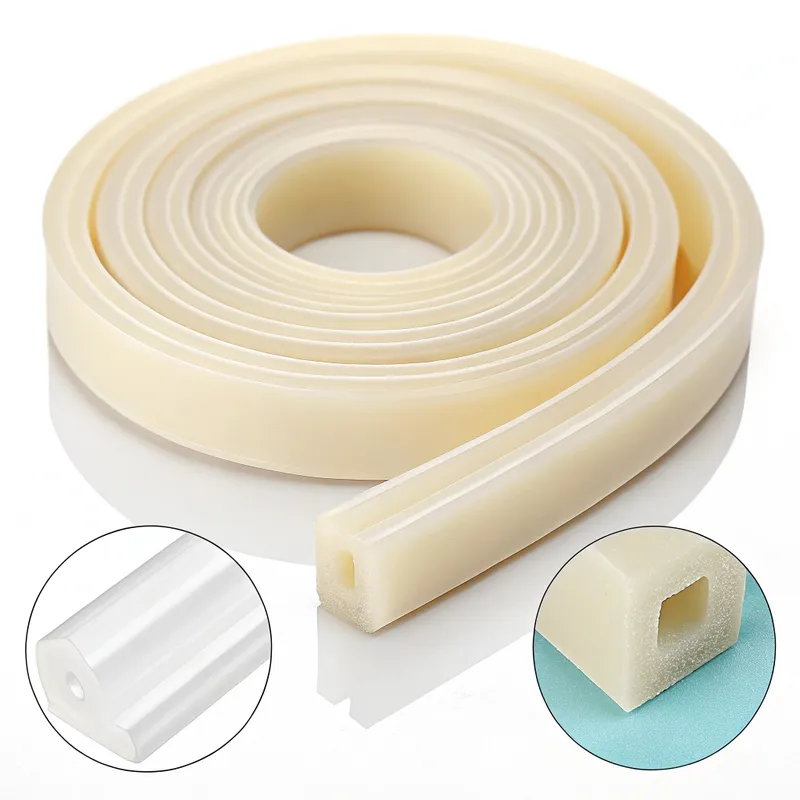 Fita vedante de borracha de silicone em espiral com vista em corte transversal mostrando um interior oco.