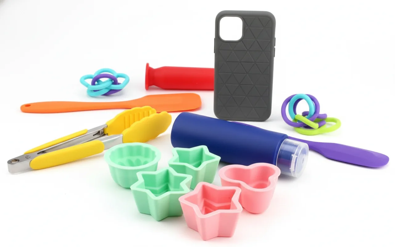 Assorted colorful kitchen gadgets on white background