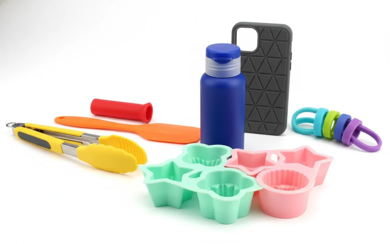 Variety of colorful kitchen utensils on white background