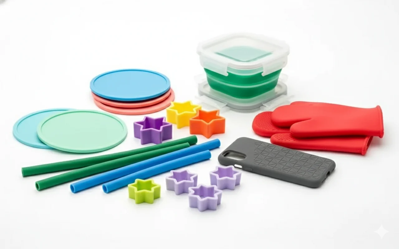 Collection of colorful silicone kitchen essentials