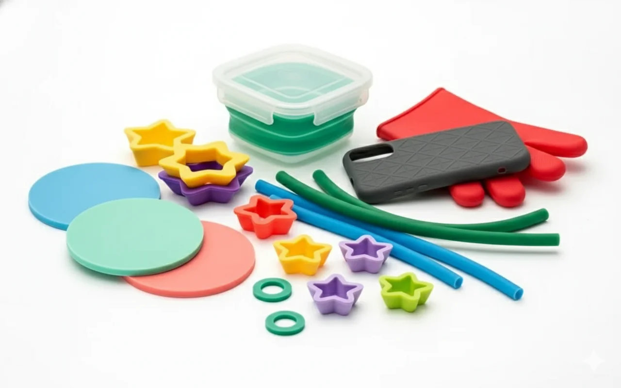 Colorful silicone kitchen gadgets on display