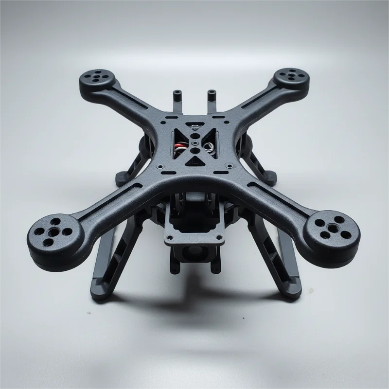 ブラックのドローン・フレームが、ニュートラルな背景に映える堅牢なデザインと構造。