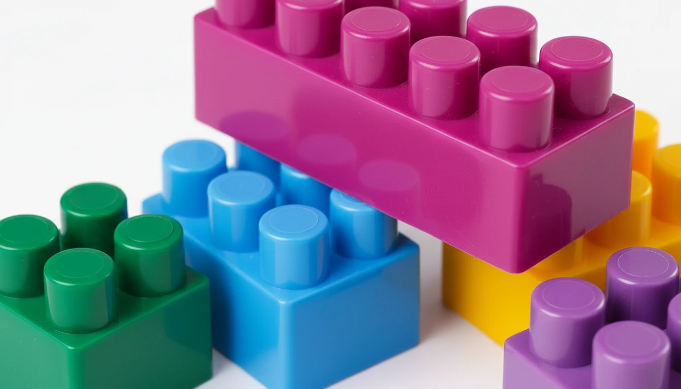 Close-up of colorful plastic building blocks in various colors, including purple, blue, green, and yellow, stacked together.
