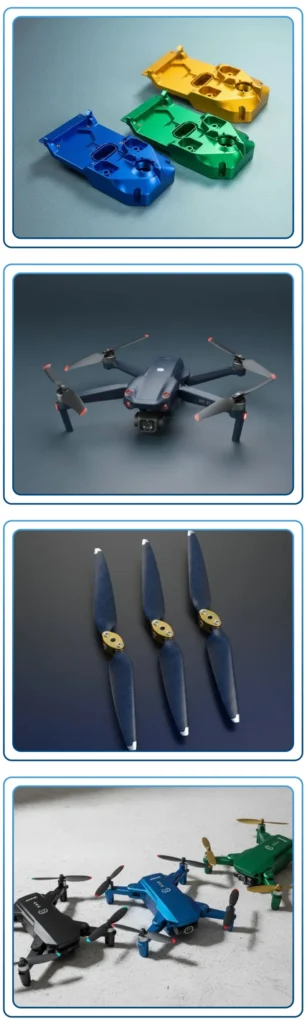 カラフルなシェル、組み立て式ドローン、プロペラ、ブルー、グリーン、ブラックのドローン3機を含む複数のドローン部品。