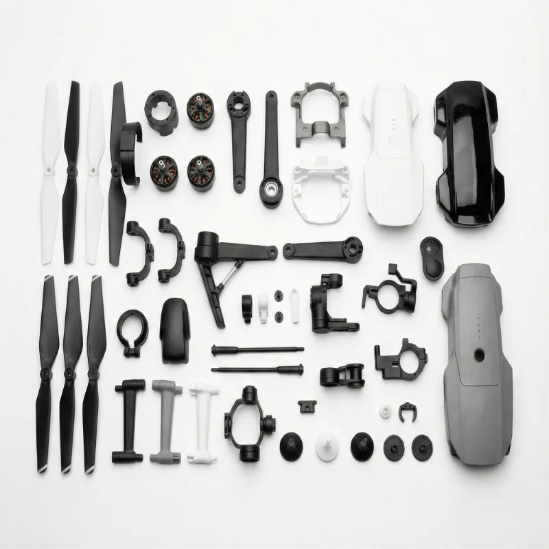 ブレードやモーターなどの部品を分解し、白い背景に整然と並べたドローンの部品。