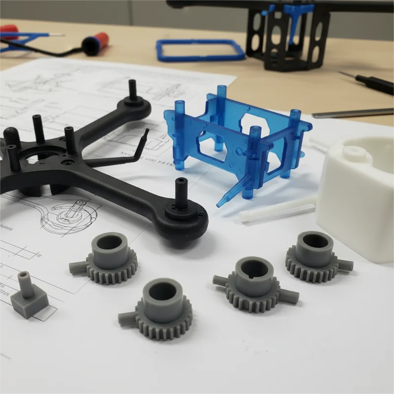 ギア、モーターマウント、フレーム部品など、ドローンの組み立て部品の一部を技術図面上で紹介。