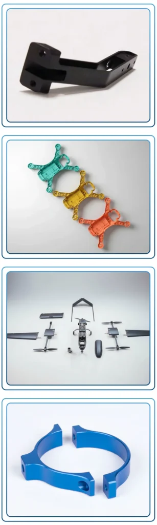 カラフルなプラスチックフレーム、金属部品、プロペラ部分など、ドローンのパーツがディスプレイ上に並べられている。