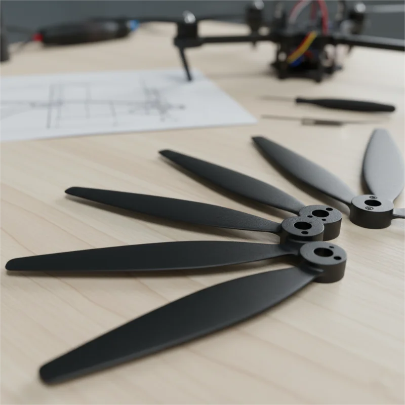 設計図が描かれた木製テーブルの上に置かれた4つの黒いドローンプロペラ。