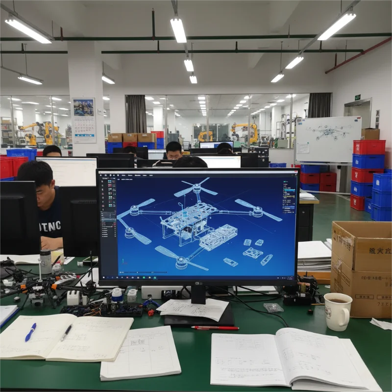 明るい蛍光灯の下、机の上にさまざまな技術アイテムが置かれたオフィスで、ドローンのデザインを表示するコンピューター画面。