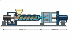 Diagram illustrating the components and functioning of a plastic injection molding machine, including injection and clamping units.