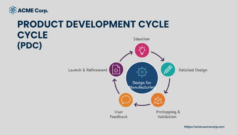 Diagram showing ACME Corp's product development cycle with phases like ideation, detailed design, prototyping, user feedback, and launch.