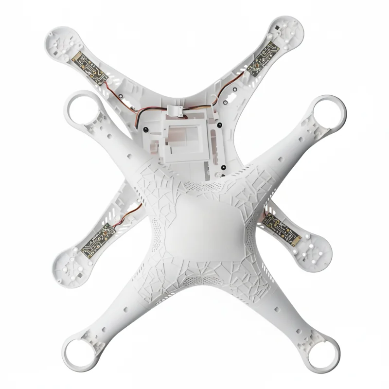 解体されたクアッドコプター。無地の背景に内部の配線と回路基板が映し出され、構造部品と構造が強調されている。