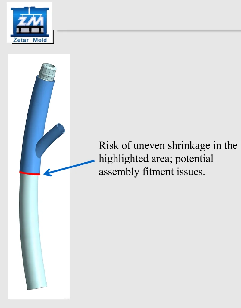 Model 3D podkreślający nierównomierne ryzyko skurczu w części montażowej z potencjalnymi problemami z dopasowaniem, wskazanymi strzałką.