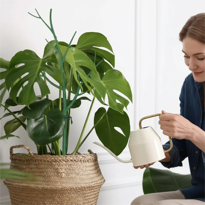 Kobieta ostrożnie podlewająca dużą zieloną roślinę Monstera kremową konewką w wiklinowym koszu.