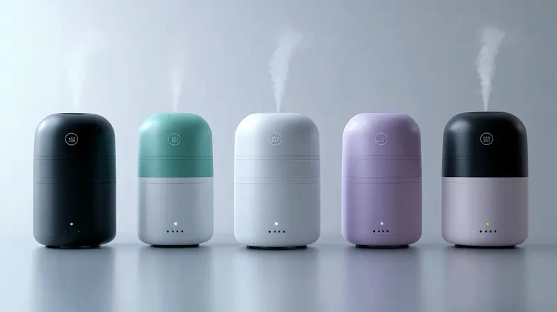 Five different colored humidifiers emitting mist