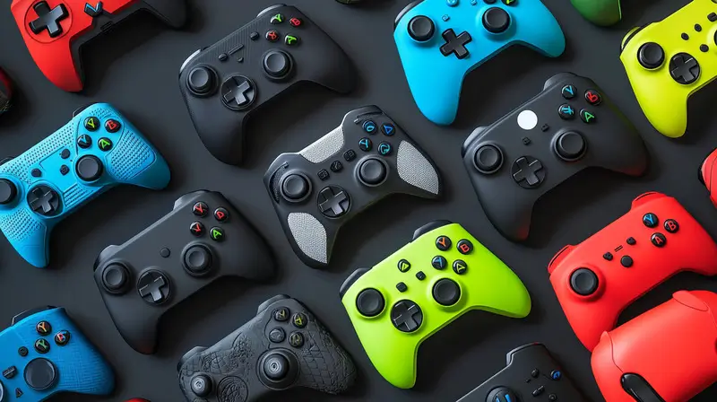 Colorful gaming controllers with various patterns and designs.