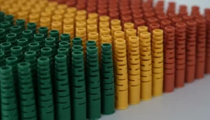 Rows of colorful plastic pieces in green, yellow, and red, showcasing precision injection molding.