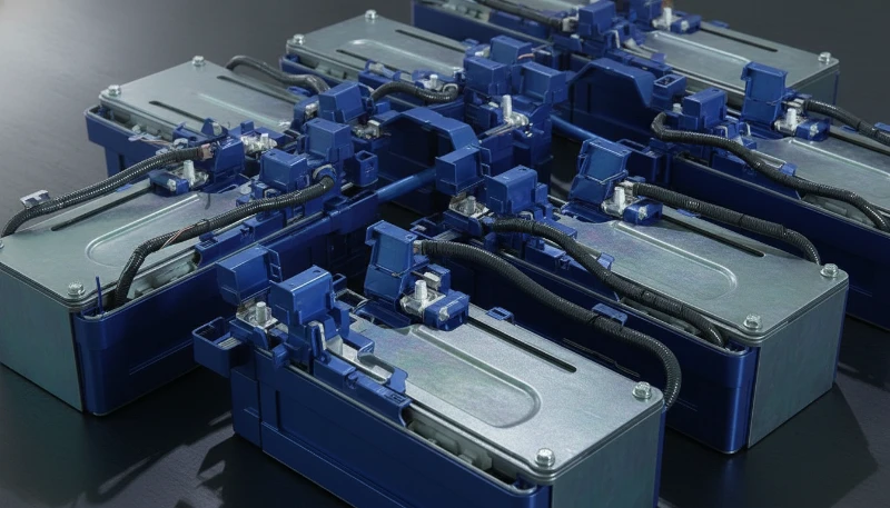 Blue industrial battery packs connected with black wiring and metallic components on a dark surface.