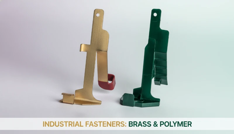Industrial injection molded fasteners in brass and polymer showing variety of industrial molding applications