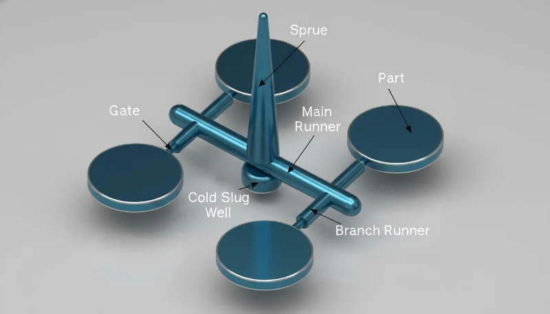 Injection molding system diagram for educational reference
