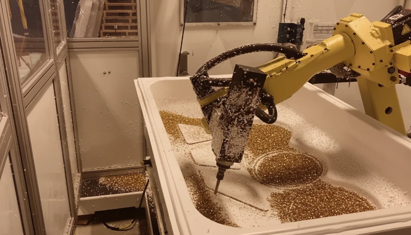 Robotic arm performing automated part removal in injection molding cell