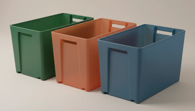 Colorful plastic storage bins for consumer use