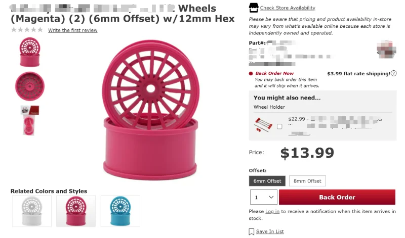 A close-up of magenta RC car wheels with a 6mm offset and 12mm hex, featuring multiple color options.