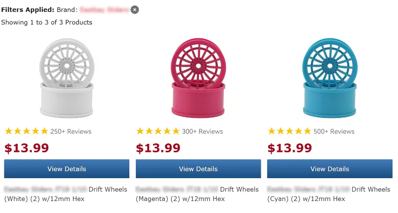 Display of white, magenta, and cyan RC drift wheels with ratings and prices.