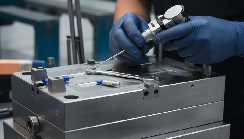 Engineer inspecting injection mold tooling