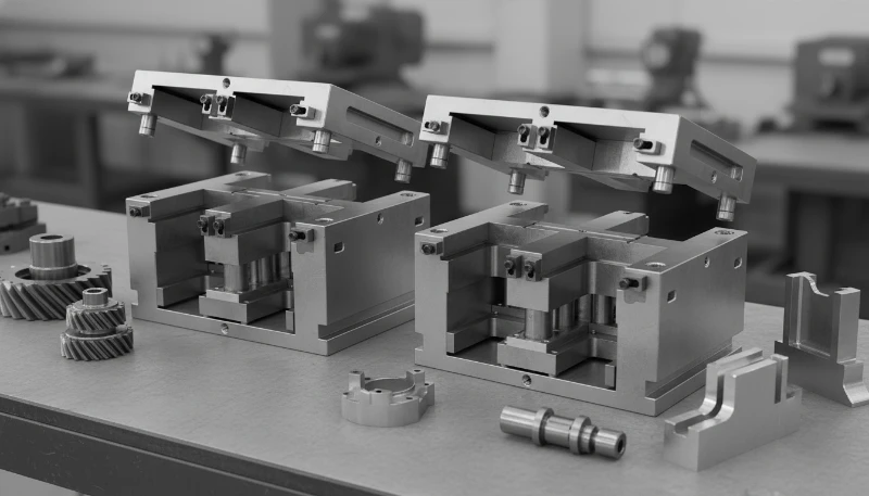 Open injection molds on workshop table for POM acetal molding