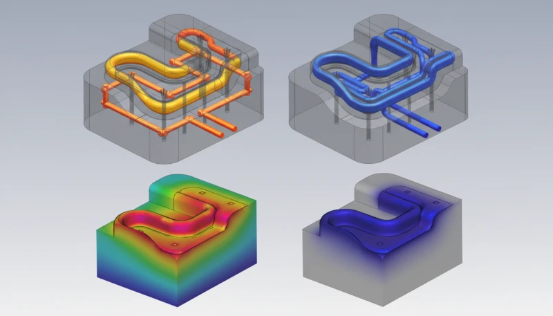 Mold flow simulation analysis showing plastic fill pattern, temperature distribution, and potential warpage