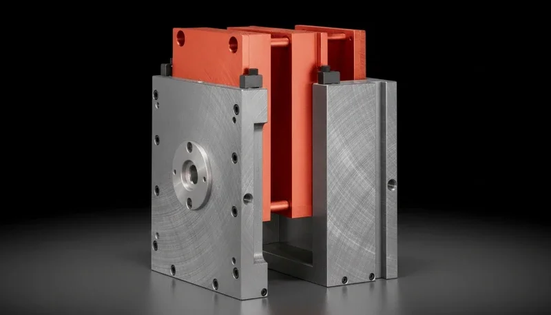 Precision injection mold tooling showing multi-cavity mold with machined cores and cavity inserts