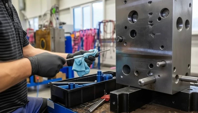 Technician inspecting injection mold tooling for family mold production setup