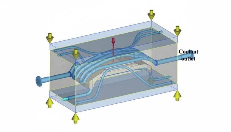 3D model showing the injection mold cooling design in a plastic injection mold with labeled coolant outlet and flow paths.