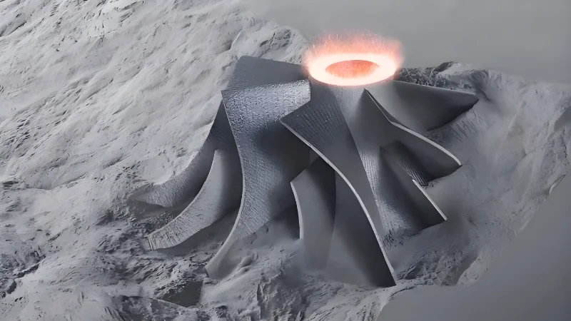 3D illustration of an abstract volcanic structure with glowing lava top in a snowy landscape.