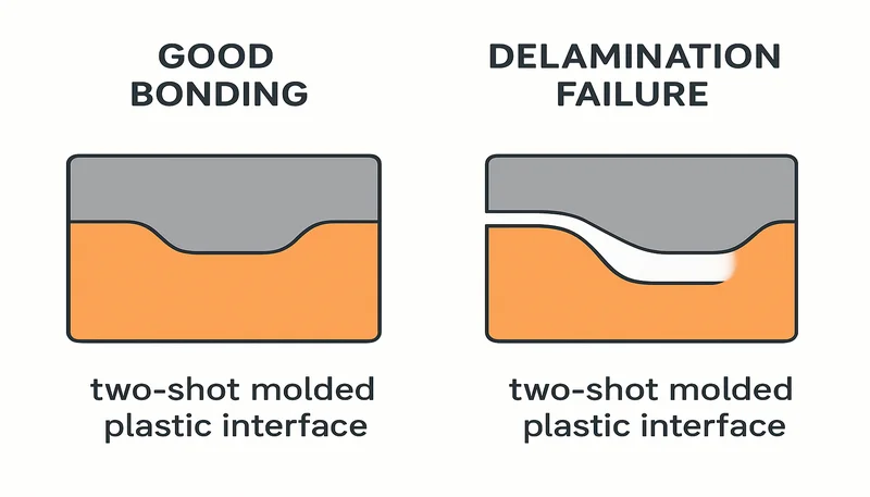 Illustration comparing good vs. bad interface design for two-shot molding Illustration comparing good vs. bad interface design for two-shot molding