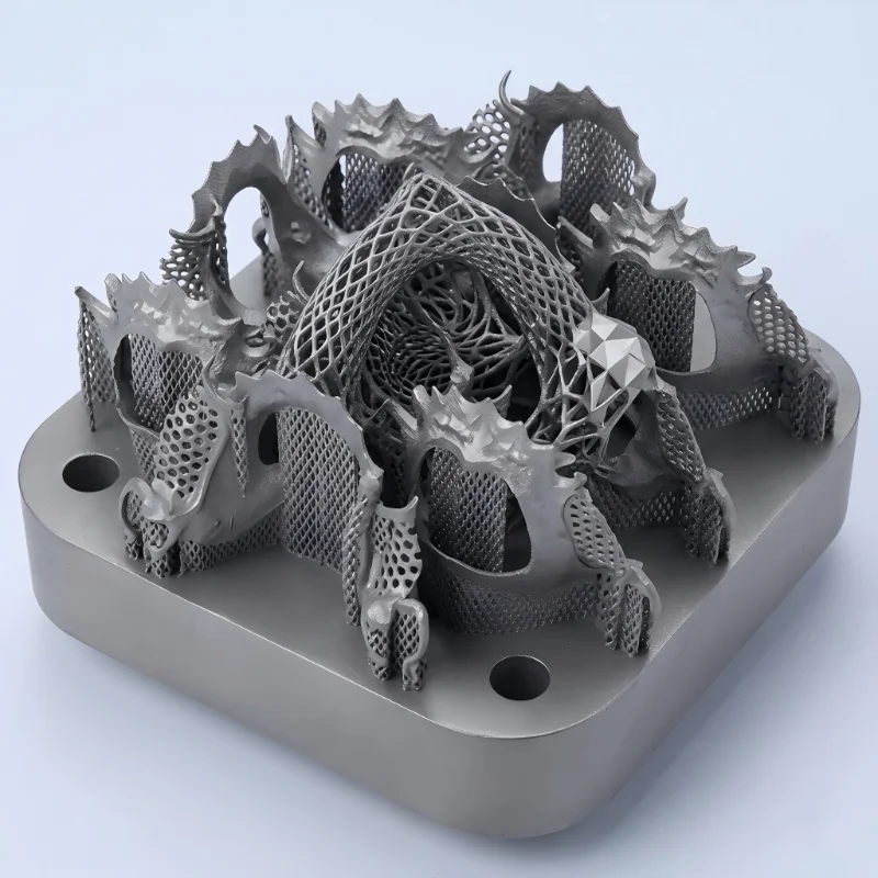 Intricate metal 3D printed structure with lattice and geometric patterns.